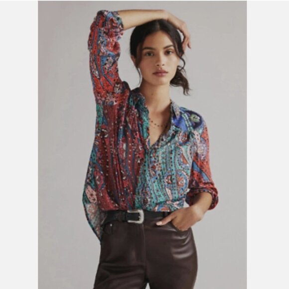 Anthropologie Maeve The Paz Buttondown Shirt / top, colorful print, relaxed fit - Picture 1 of 8